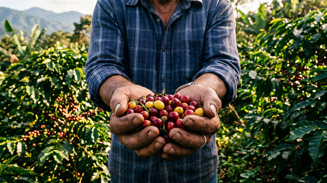 Farmer holding ripe red coffee cherries in field.