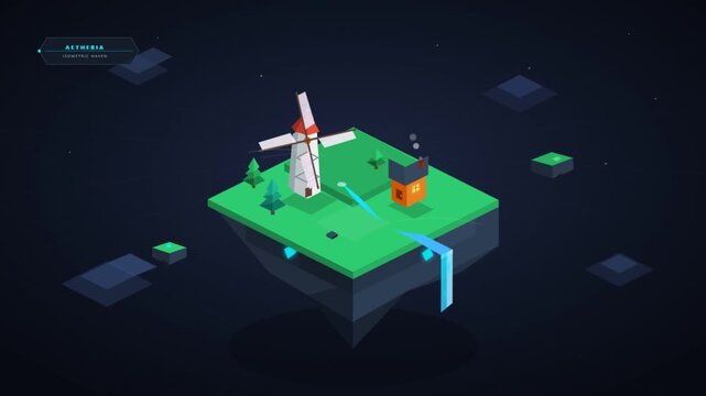 Isometric 3D Animation of a Floating Island with Windmill and Factory.