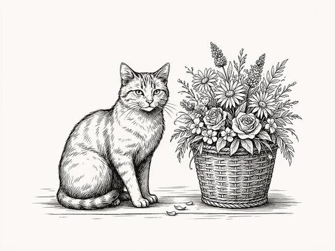 Calm tabby cat sitting beside floral arrangement