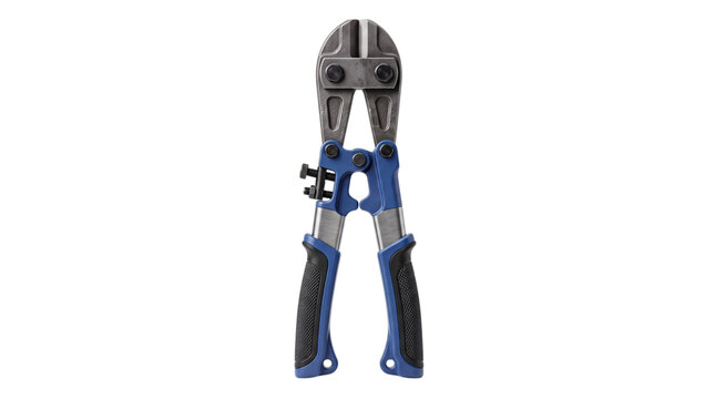 Heavy duty blue and silver bolt cutters with black grips isolated on png transparent background