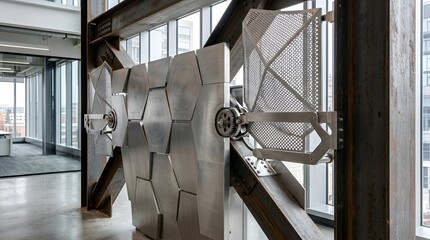 Naklejka premium Modern Metal Sculpture Installation with Geometric Patterns in Office Interior