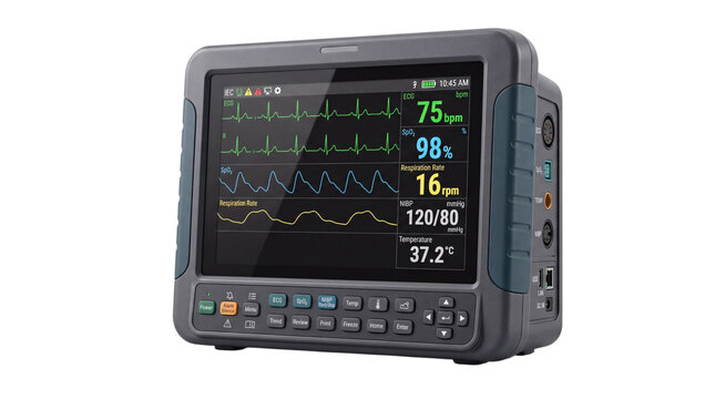 Portable medical patient monitor displaying vital signs and waveforms isolated on png transparent background