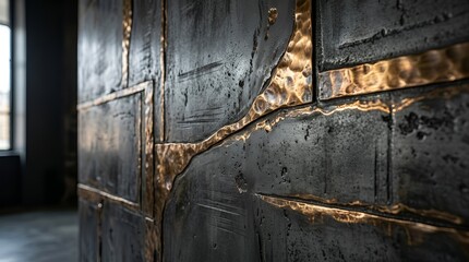 Naklejka premium Textured dark metal wall panels with brushed gold inlays, industrial interior design.
