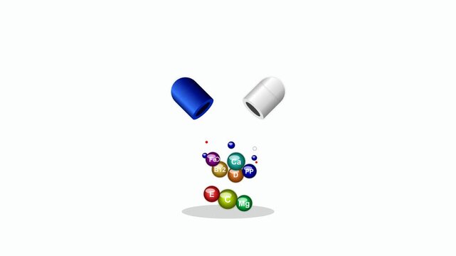 Blue and white capsule opening to reveal colorful multivitamin and mineral spheres on a white background. This 3D medical animation is perfect for health video designs.

