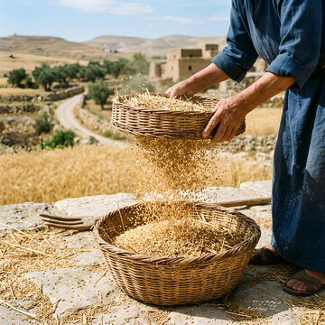 Farmer winnowing harvested grain into woven basket outdoors.