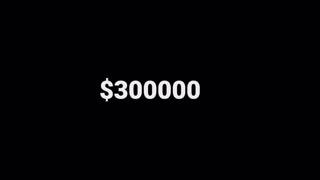 Animated dollar counter displaying a growing monetary value up to ten million, suitable for finance, business, investment, revenue, earnings  on alpha channel and transparent background.