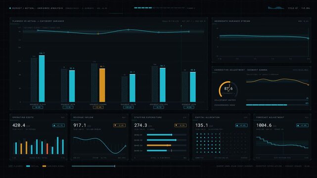 A sophisticated dark-mode corporate finance dashboard visually analyzing budget versus actual performance with dynamic animations and elegant design elements.