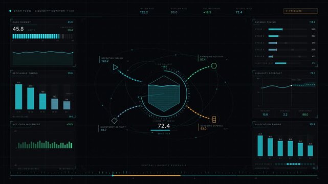 An advanced corporate finance dashboard visualizes real-time cash flow and liquidity intelligence with animated geometric streams and a sophisticated glassmorphism design.
