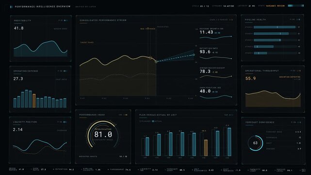 An advanced enterprise KPI command center showcases a dark-mode business performance overview with animated metrics, dynamic charts, and real-time updates for executives.