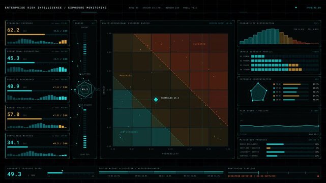 Visualize enterprise risk intelligence with a dark-mode dashboard featuring a multi-dimensional risk matrix, animated data sources, and dynamic exposure monitoring in 4K quality.