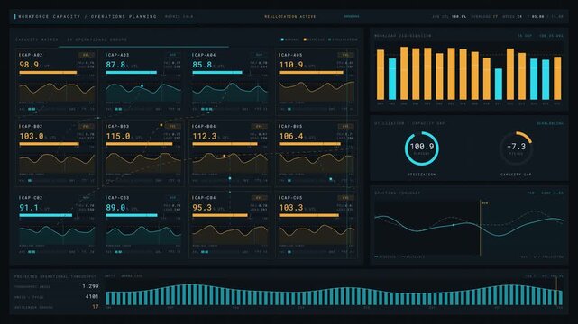 Explore a sophisticated dark enterprise operations dashboard showcasing workforce capacity planning with abstract capacity blocks and dynamic workload optimization in 4K resolution.