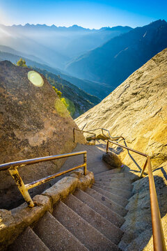 Stairway trail carved into granite leading up Moro Rock in Sequoia