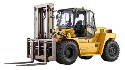 Yellow heavy-duty forklift with large tires and metal forks on a dark background, isolated on png, transparent background © Sumon