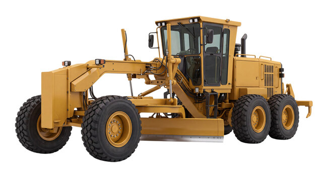 Yellow heavy duty motor grader construction vehicle with large tires and blade isolated on png transparent background