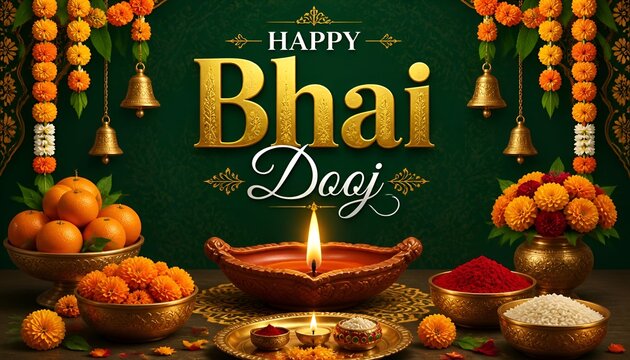 Happy bhai dooj greeting card with traditional sweets, diya, and tilak
