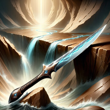 Shimmering sword resting on a rocky cliff with cascading waterfalls in a mystical landscape illuminated by soft light emanating from above.