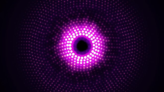 Dark purple background with a glowing neon dotted vortex. This seamless galactic matrix motion graphic loop is perfect for abstract sci-fi and stage video designs.