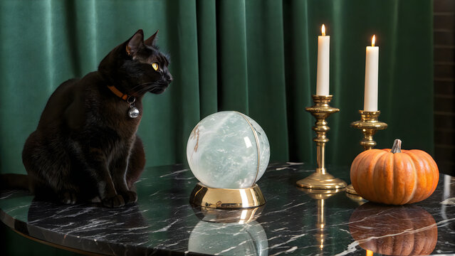 Black cat with crystal ball and pumpkin