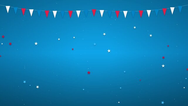 Patriotic bunting flags with falling stars on a blue background