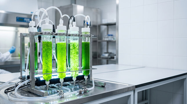 Bioreactor tubes with green algae solution bubbling in modern laboratory
