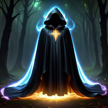 Mystical figure in dark forest surrounded by glowing magical energy wearing a hooded cloak with a radiant star symbol and ethereal lights flowing around, creating an enchanting atmosphere.