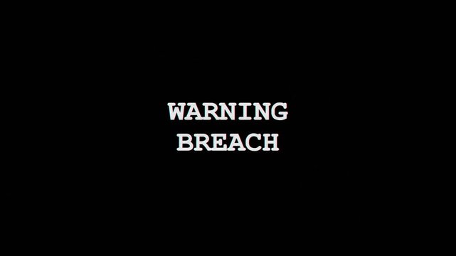 Warning breach text animation with digital glitch and cyber security alert