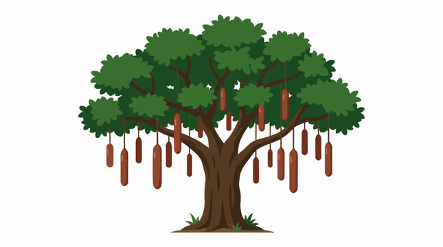 Exotic Sausage Tree Illustration Kigelia Africana with Long Brown Fruits and Lush Green Foliage on White Background