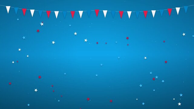 Patriotic bunting banner with floating stars on a blue background