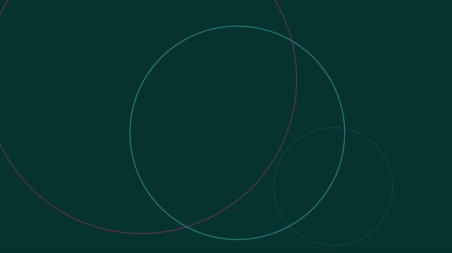 Minimalist abstract geometric motion animation 4k background, with intersecting thin, circles on dark, green backdrop