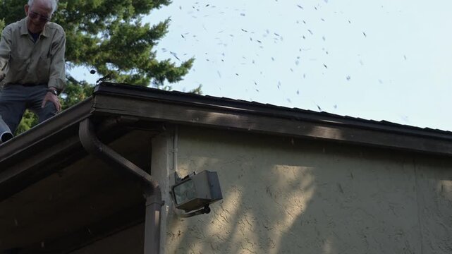 Elderly man on roof with leaf blower cleaning pine needles and debris out of gutters, flying tree needles, homeowner cleaning and maintenance
