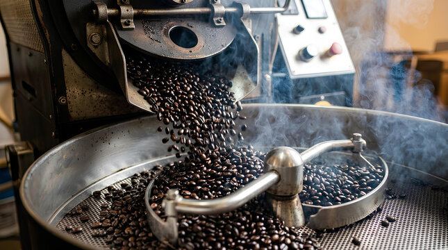 Fresh coffee beans pouring from industrial roaster machine