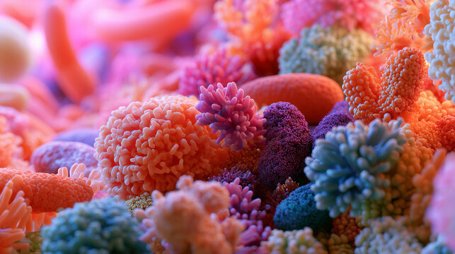 Extreme Macro 3D Illustration of Diverse Gut Microbiome Flora and Bacteria