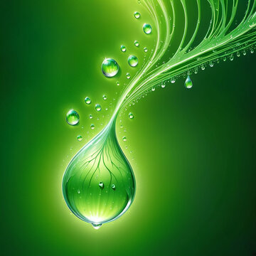 Graceful water droplet with vibrant green background and swirling design elements, reflecting light, creating a fresh and natural ambiance in an abstract style.