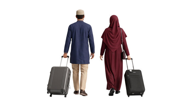 Muslim couple traveling back view, 3D render of Islamic husband wearing peci cap and wife in hijab pulling suitcases, isolated on black background for travel agency UI and advertisement.