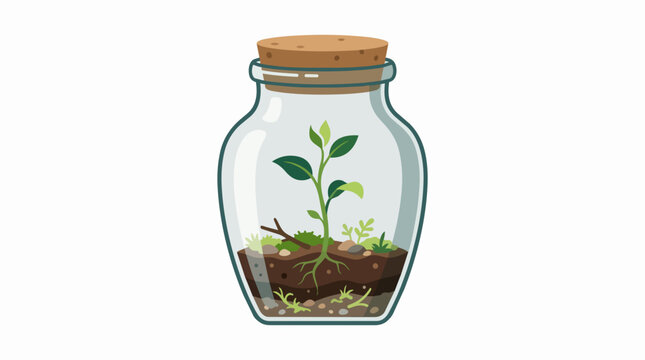 Small Green Plant Sprouting Inside a Glass Jar Terrarium with Soil and Moss Isolated on White Background
