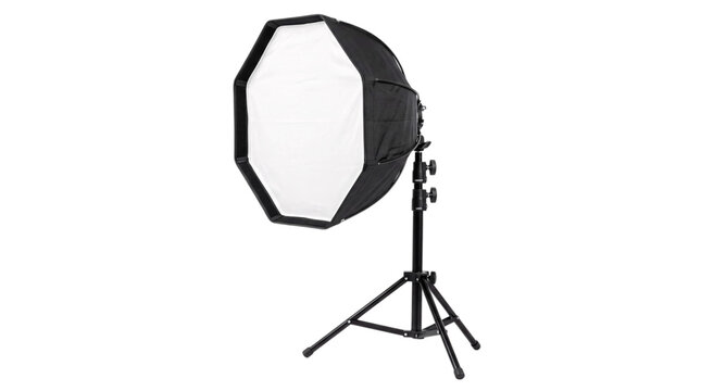 Octagonal softbox light modifier on stand isolated on png transparent background
