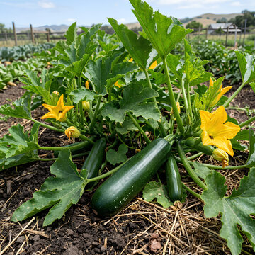 Green zucchini growing on plant with yellow blossoms.
