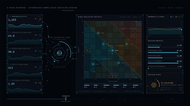 Experience a visually striking dark enterprise compliance dashboard showcasing automated monitoring of sensitive data handling with vibrant cyan pathways and amber alerts.
