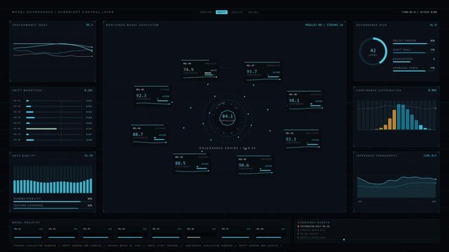 Visualizing an enterprise operational risk dashboard in dark mode, showcasing resilience metrics and analytics for a fictional organization with animated data flows and risk indicators.