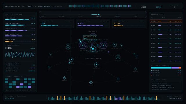 An abstract AI risk engine visualizes compliance and operational risk with dynamic metrics and real-time updates in a dark-mode enterprise environment.
