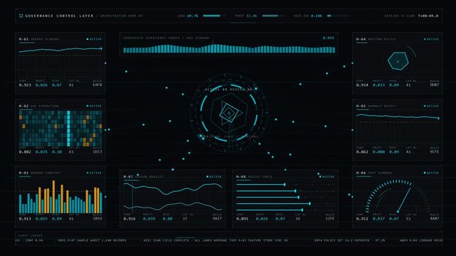 Explore a sophisticated dark-mode AI governance dashboard with glassmorphism panels and illuminated metrics, showcasing model oversight and performance monitoring in an enterprise setting.