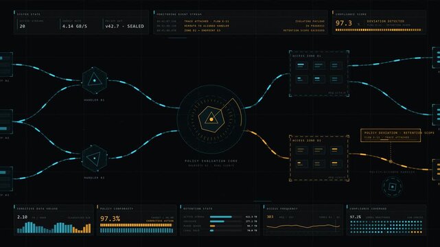 Visualizing a sophisticated zero-trust enterprise access monitoring dashboard with a dark-mode design featuring abstract geometric nodes and dynamic risk metrics.