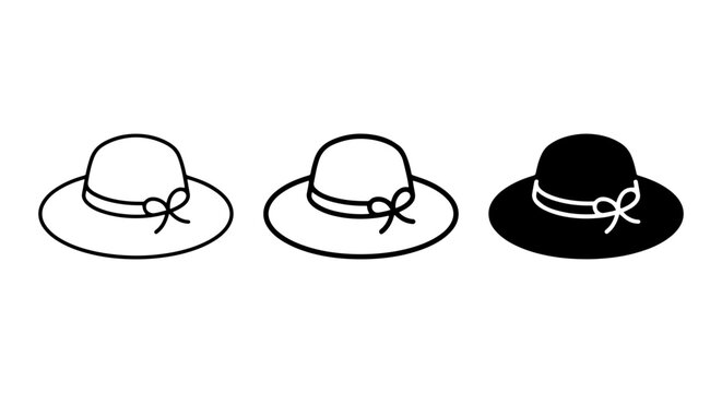 Elegant Sun Hats, Wide Brim Fashion Accessories, Black and White Outline Vector Icons