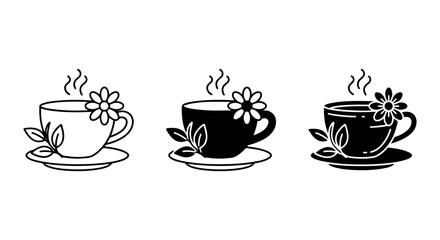 Fototapeta premium Minimalist Floral Tea Cups, Elegant Coffee Mugs, Hot Beverage Icons, Black and White Vector Set