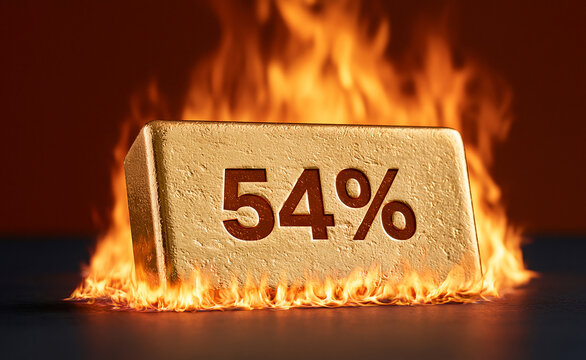 Copper bar engulfed in flames with fifty four percent text, finance