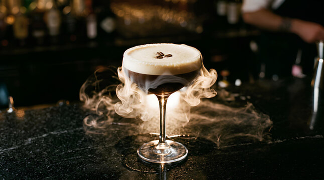 Frothy espresso martini cocktail with smoke on bar counter.