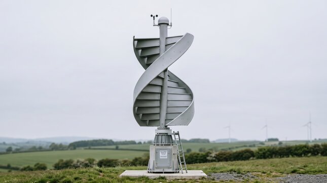 A contemporary vertical axis wind turbine is a striking feature in a lush green field beneath a softly colored sky