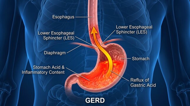 GERD medical illustration showing stomach acid reflux in human body