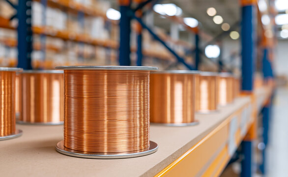 Rows of copper wire coils stored in warehouse, industrial