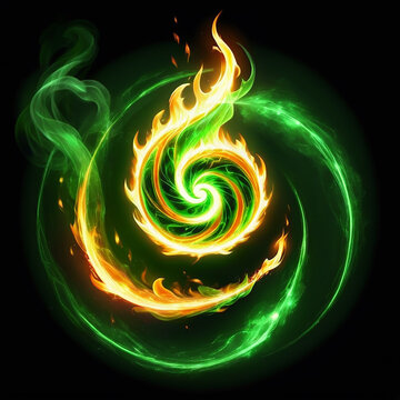 Spiraling green and orange flames combining in a swirling pattern with smoke effects creating a mystical atmosphere on a black background.